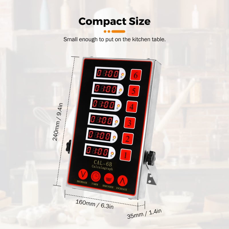 BEAMNOVA 6 Channel Digital Kitchen Timer Cooking Reminder Commercial Loud Ring Alarm Stainless Steel Adjustable Volume - Image 4